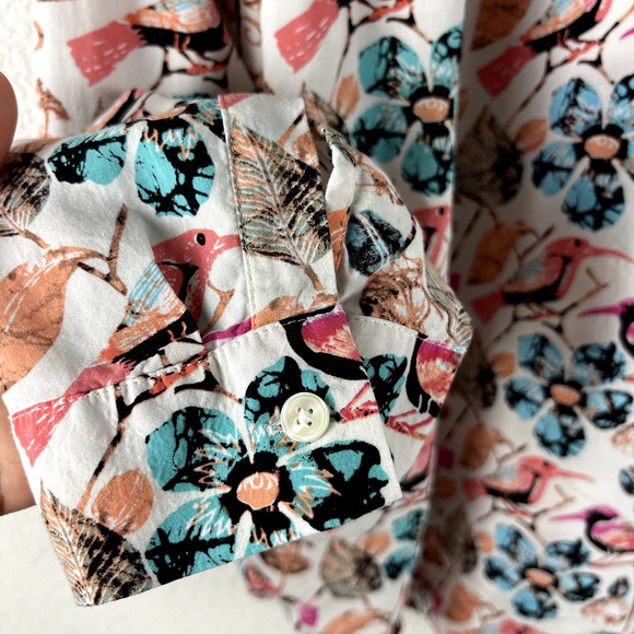 Talbots Bird Floral Print Top Womens 2X Pink Button Up Blouse Long Sleeve - Picture 11 of 12